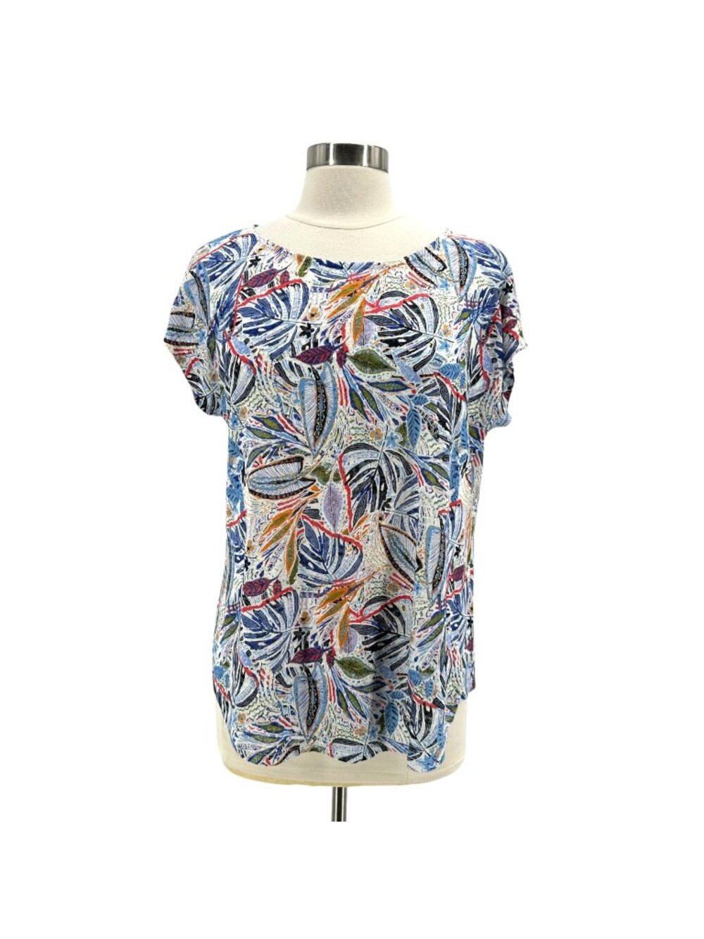 C&C California Womens Large Top Linen Multicolor Leaf Short Sleeve Boho Preppy